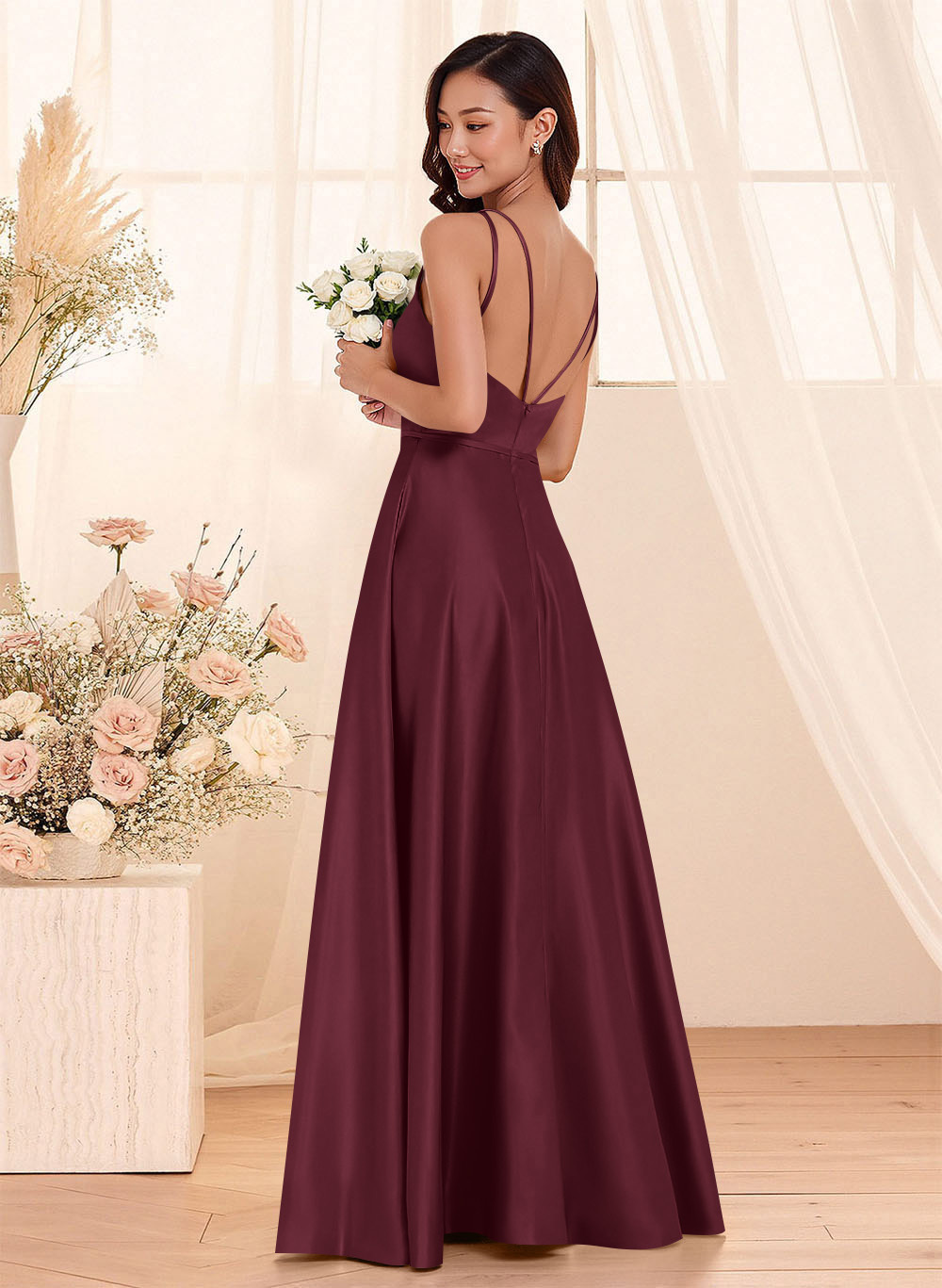 Classic Scoop Neck A-Line Floor-Length Satin Bridesmaid Dresses, product image 119