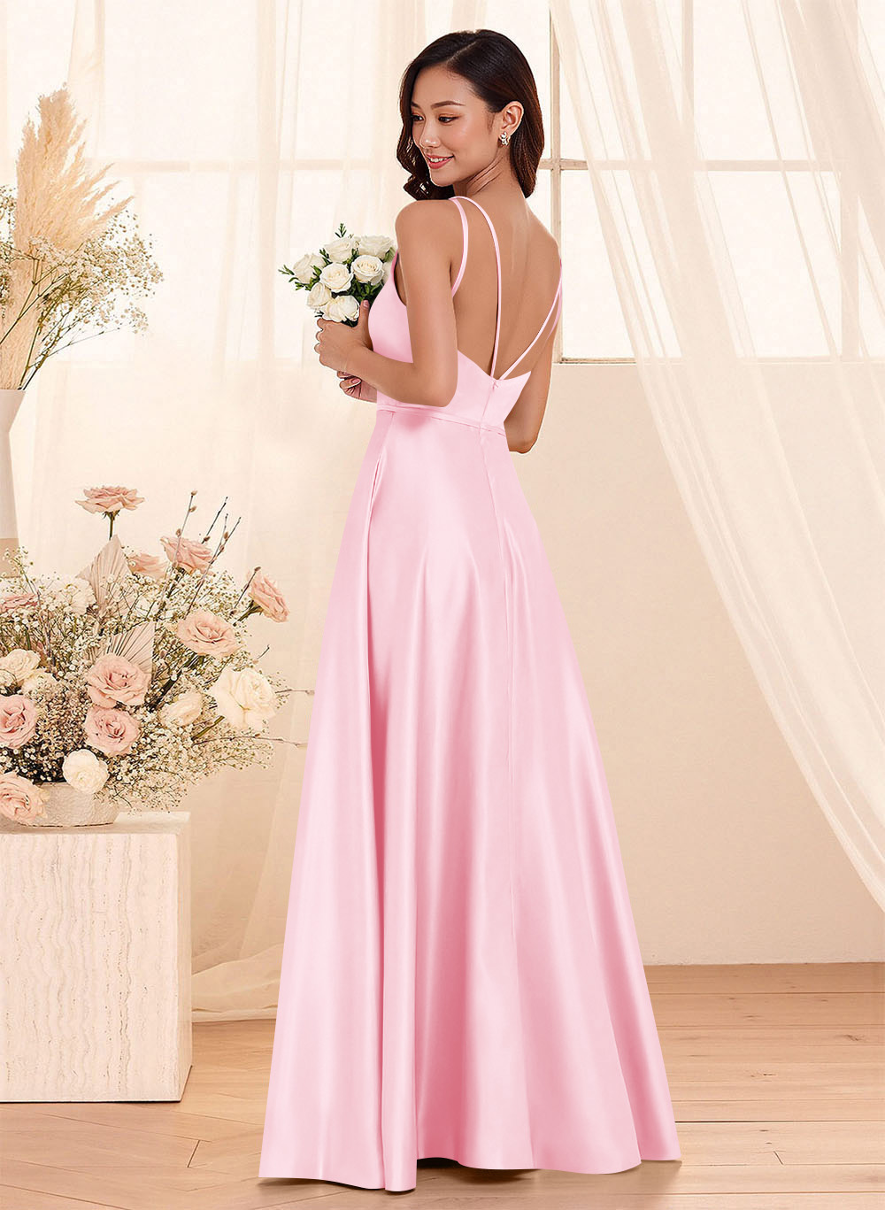 Classic Scoop Neck A-Line Floor-Length Satin Bridesmaid Dresses, product image 93