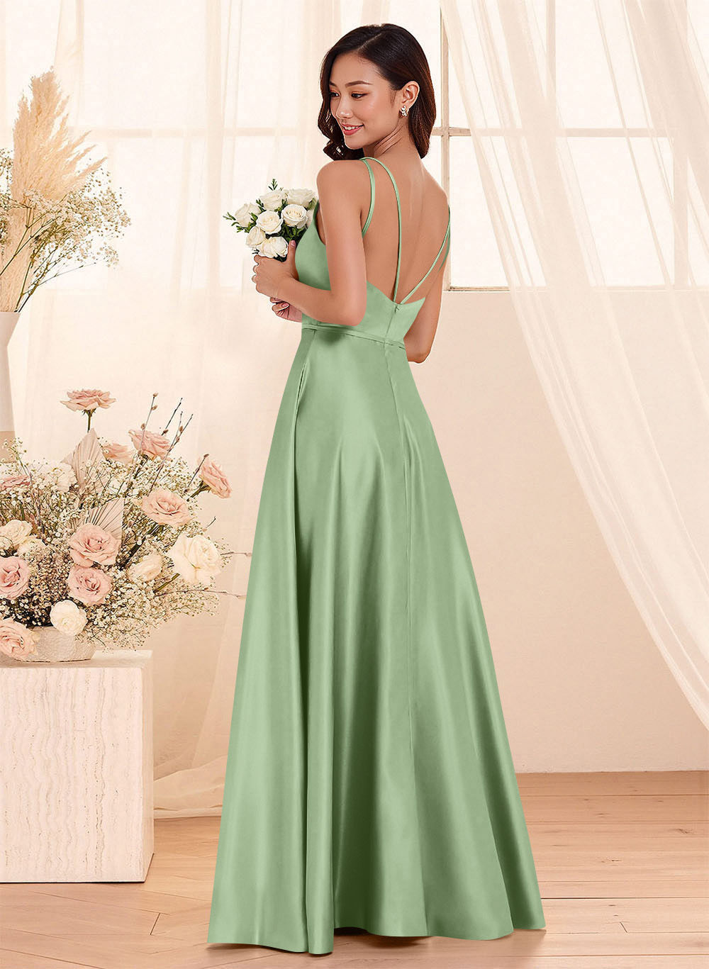 Classic Scoop Neck A-Line Floor-Length Satin Bridesmaid Dresses, product image 61