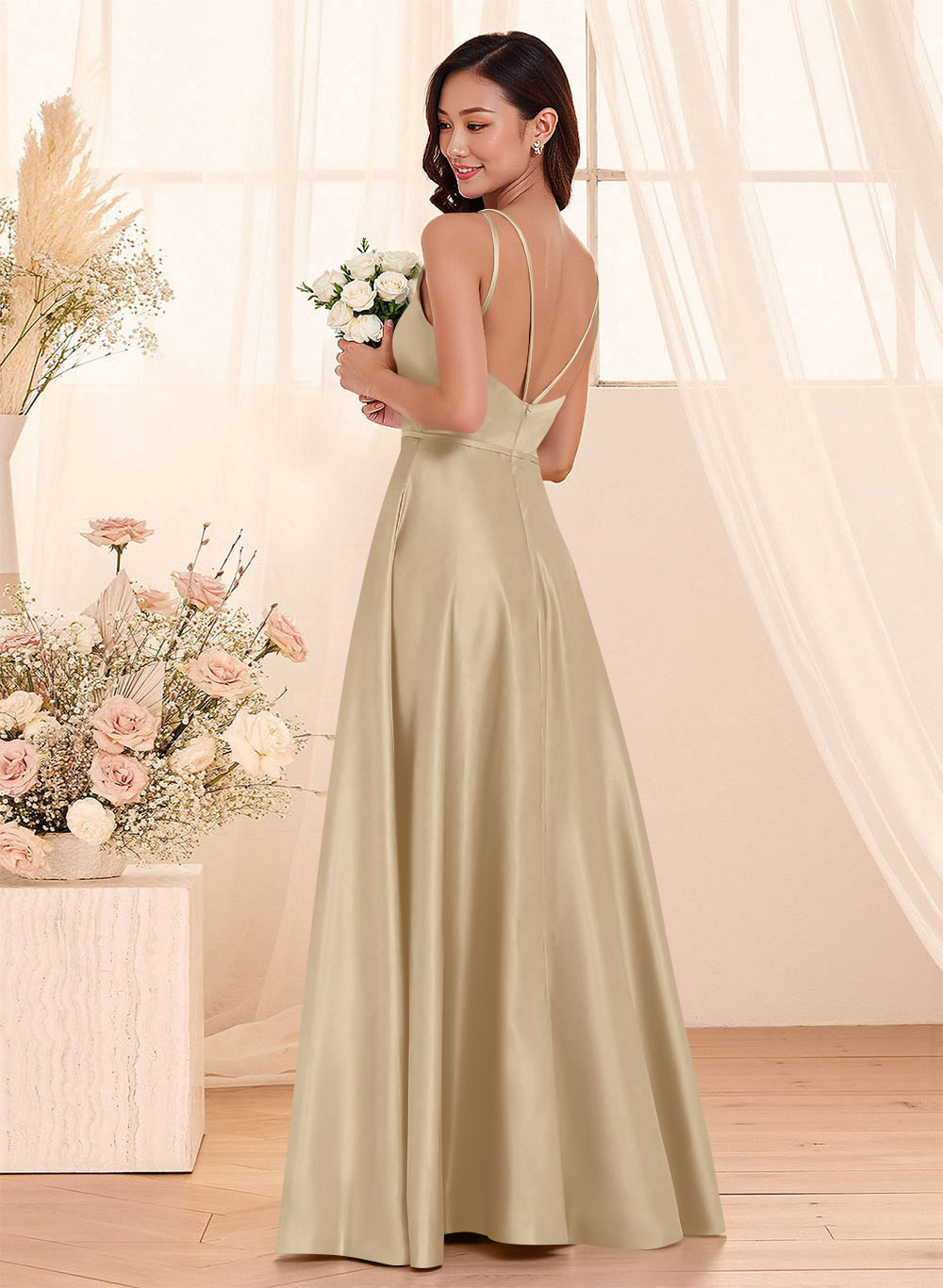 Classic Scoop Neck A-Line Floor-Length Satin Bridesmaid Dresses, product image 53