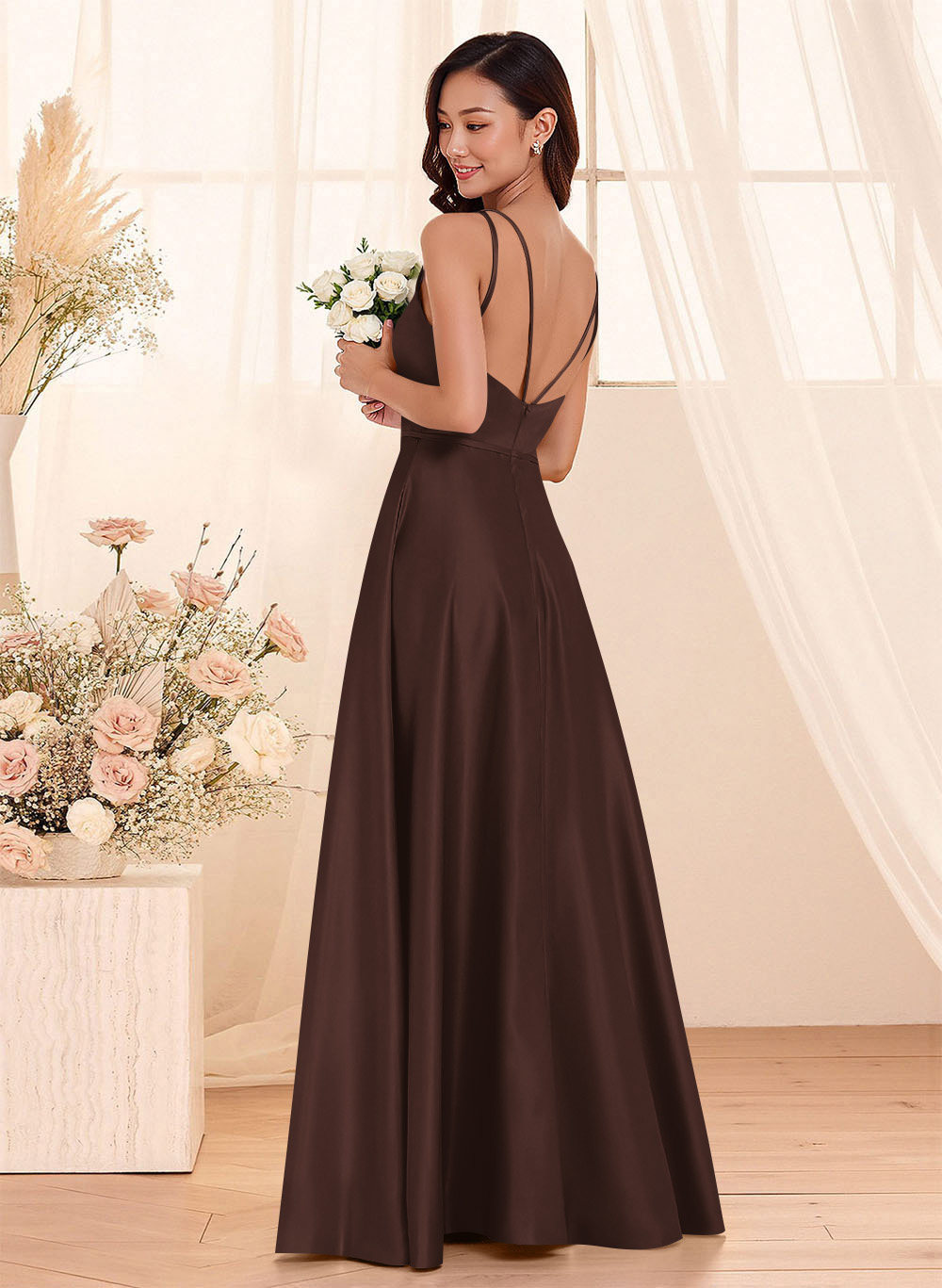 Classic Scoop Neck A-Line Floor-Length Satin Bridesmaid Dresses, product image 41