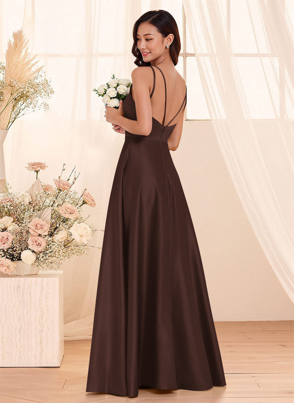 Classic Scoop Neck A-Line Floor-Length Satin Bridesmaid Dresses, product image 41