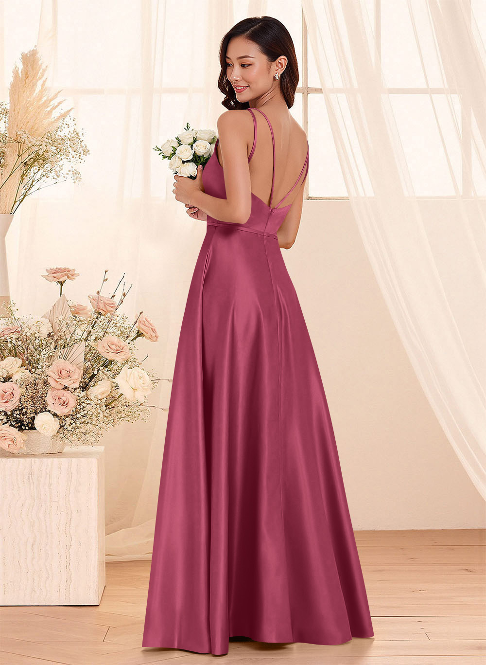 Classic Scoop Neck A-Line Floor-Length Satin Bridesmaid Dresses, product image 115