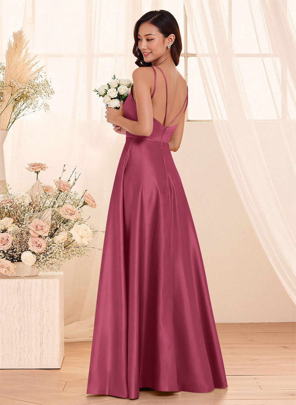Classic Scoop Neck A-Line Floor-Length Satin Bridesmaid Dresses, product image 115