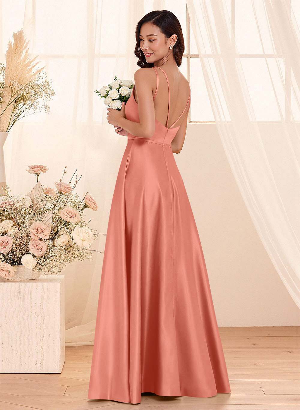 Classic Scoop Neck A-Line Floor-Length Satin Bridesmaid Dresses, product image 97
