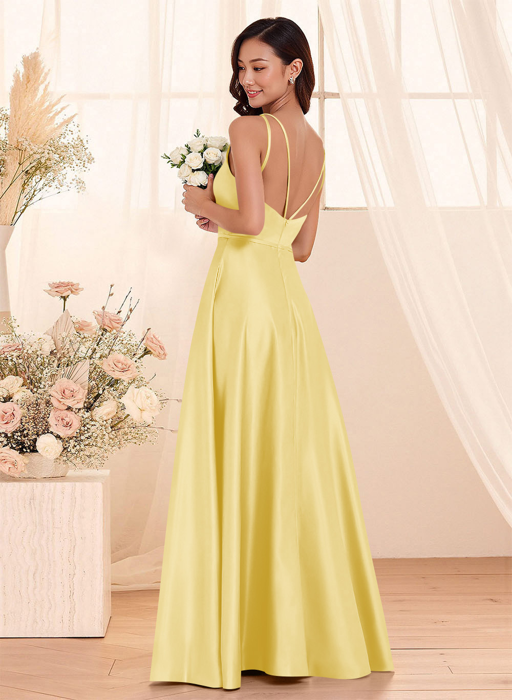 Classic Scoop Neck A-Line Floor-Length Satin Bridesmaid Dresses, product image 49