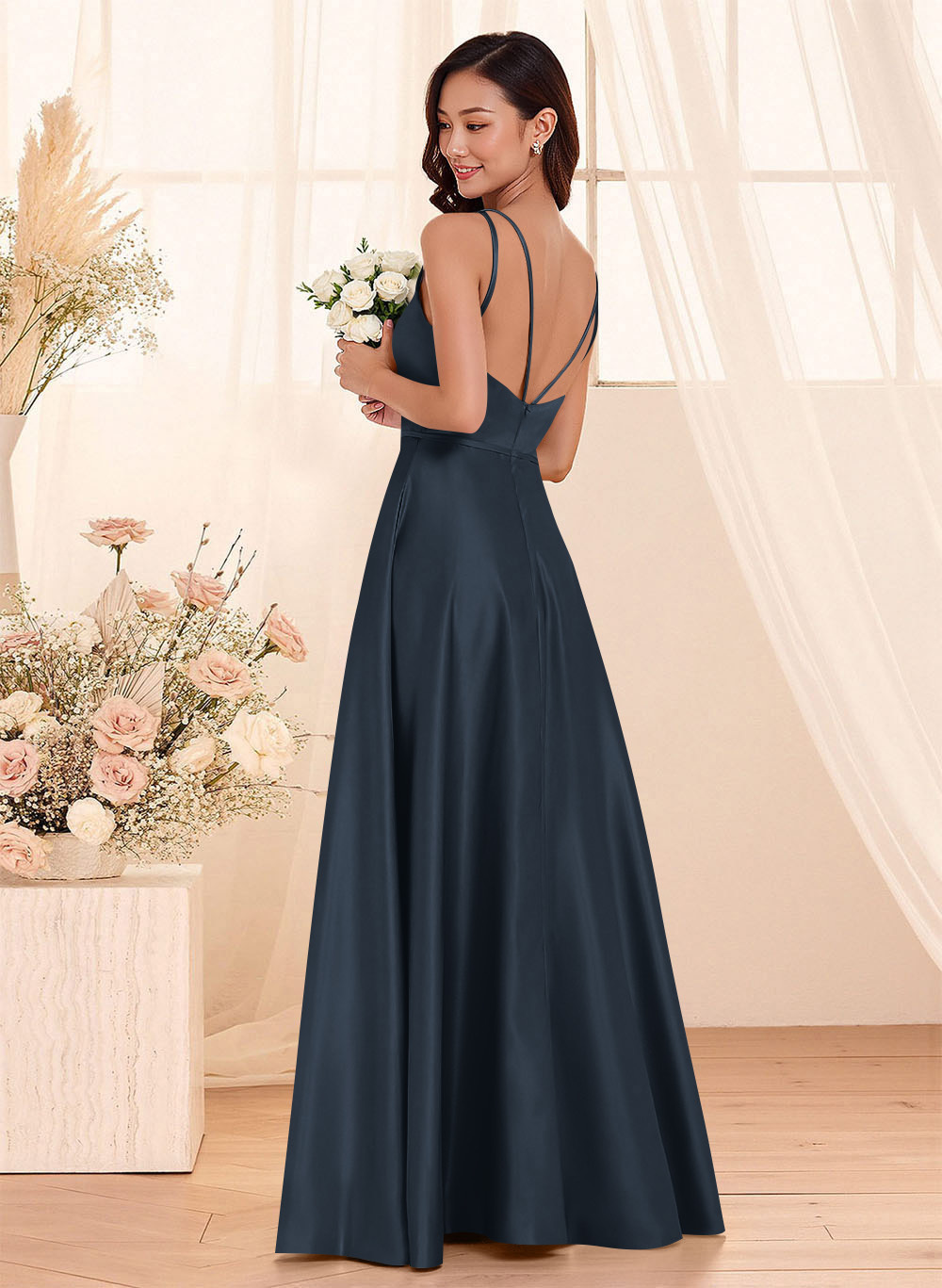 Classic Scoop Neck A-Line Floor-Length Satin Bridesmaid Dresses, product image 141