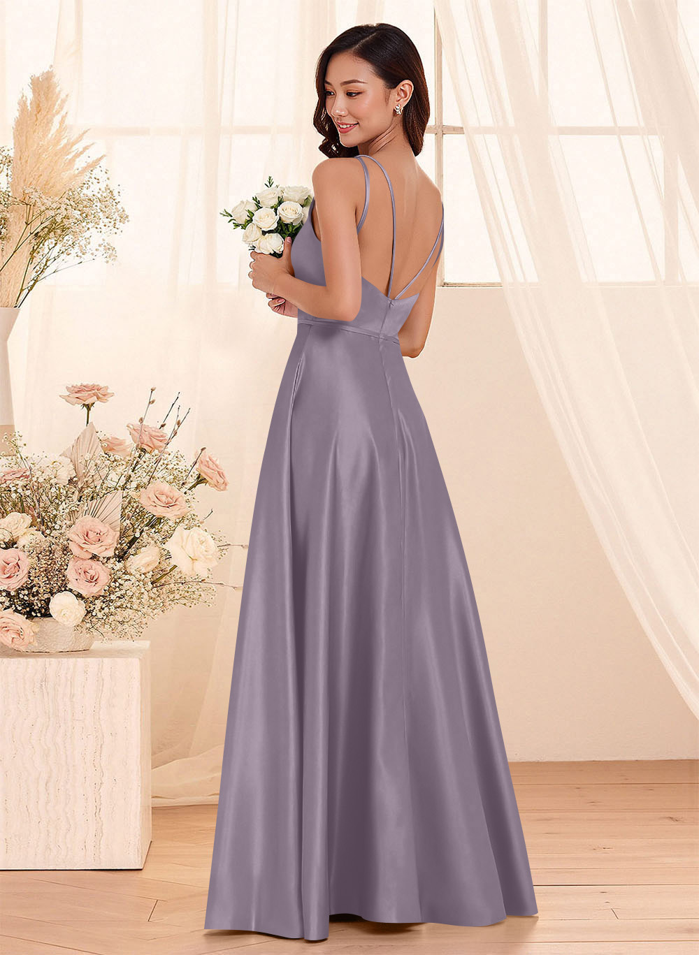 Classic Scoop Neck A-Line Floor-Length Satin Bridesmaid Dresses, product image 91