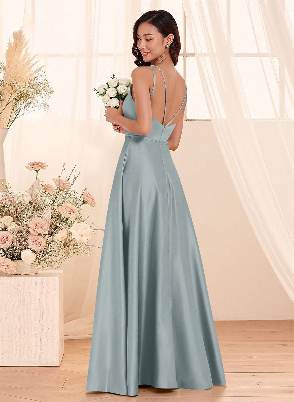 Classic Scoop Neck A-Line Floor-Length Satin Bridesmaid Dresses, product image 137
