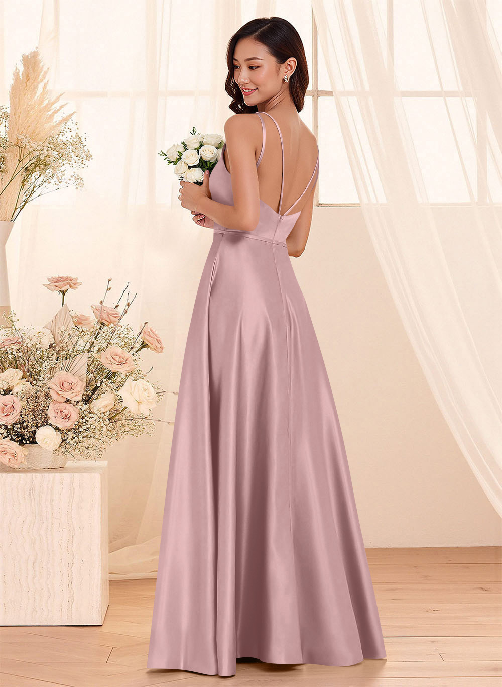Classic Scoop Neck A-Line Floor-Length Satin Bridesmaid Dresses, product image 105