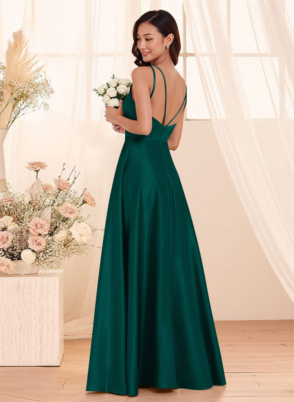 Classic Scoop Neck A-Line Floor-Length Satin Bridesmaid Dresses, product image 15