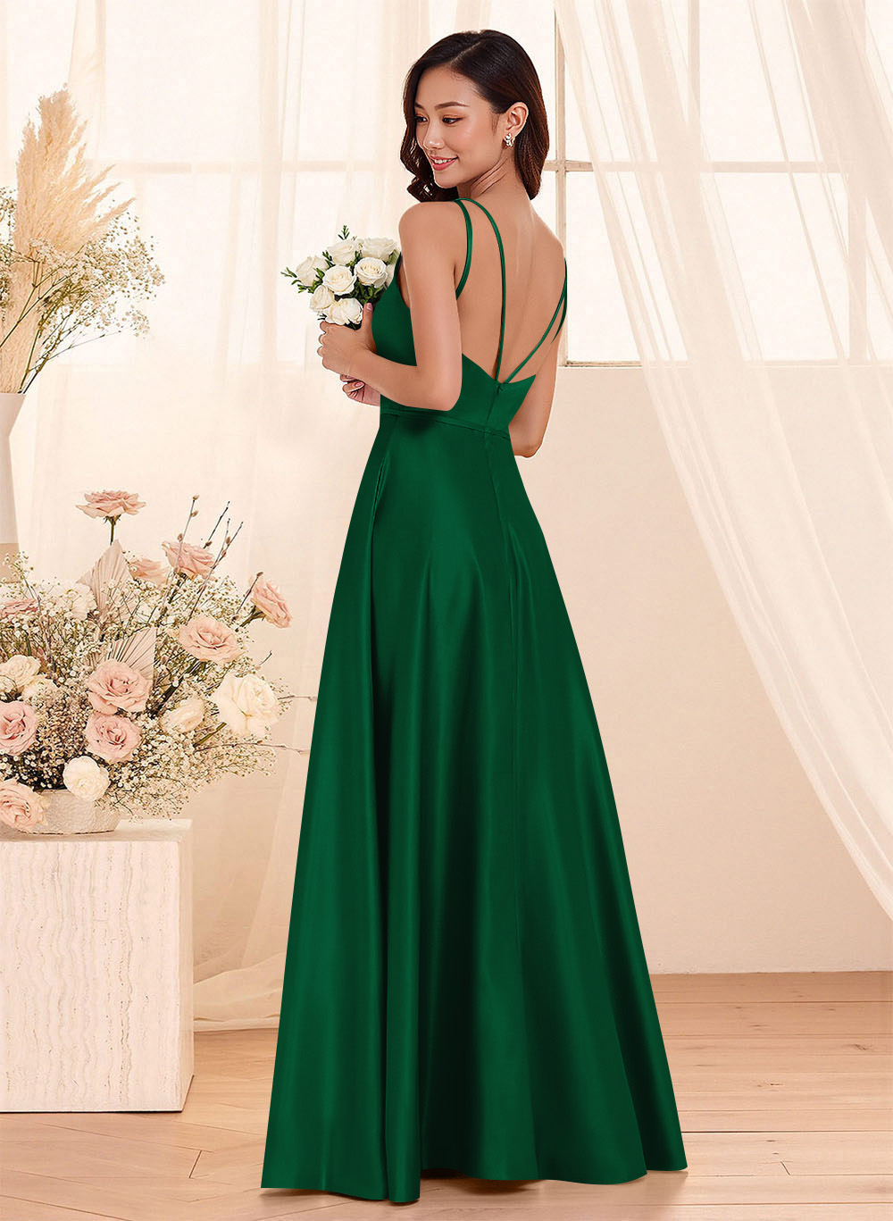 Classic Scoop Neck A-Line Floor-Length Satin Bridesmaid Dresses, product image 21