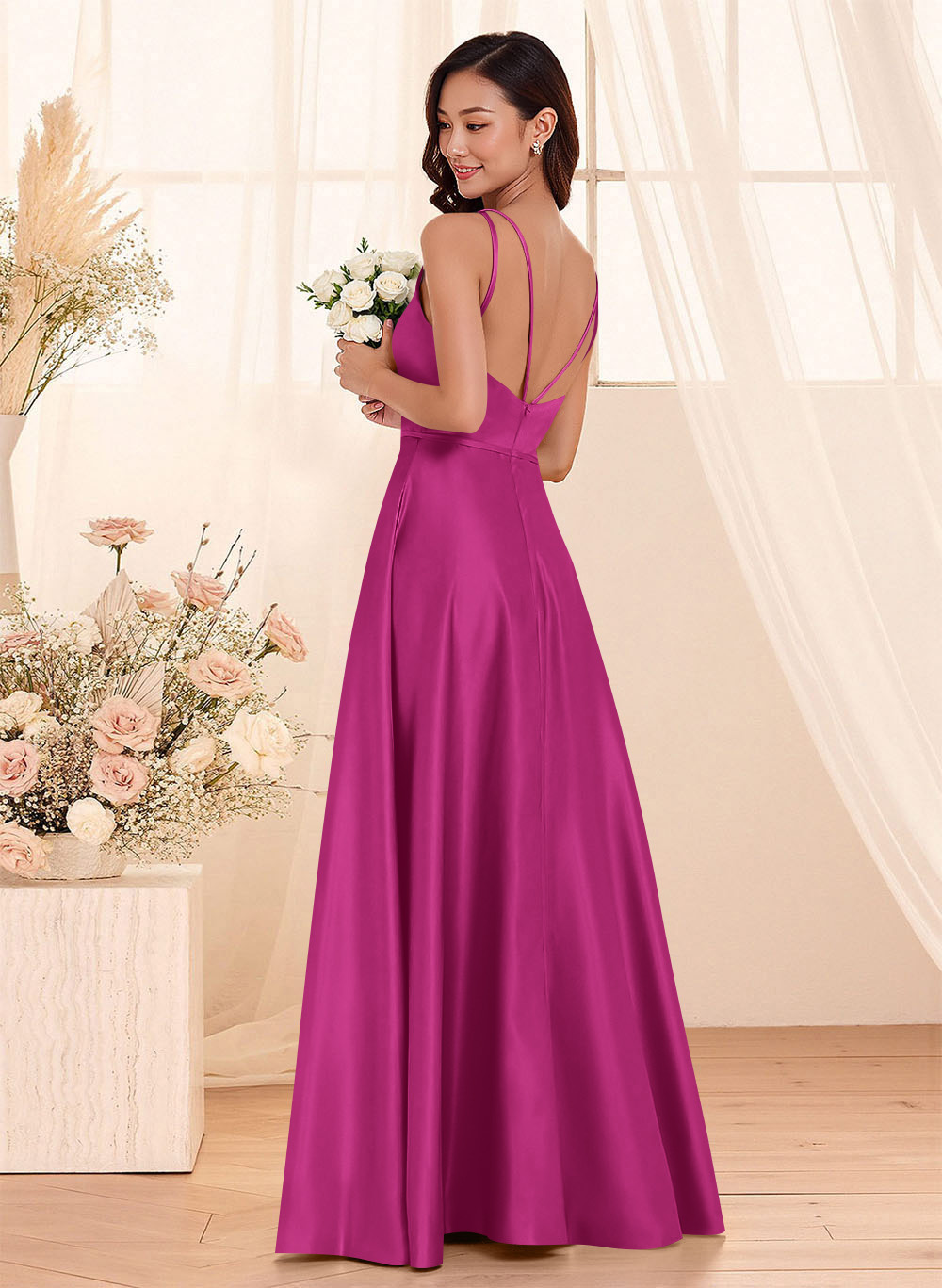 Classic Scoop Neck A-Line Floor-Length Satin Bridesmaid Dresses, product image 73