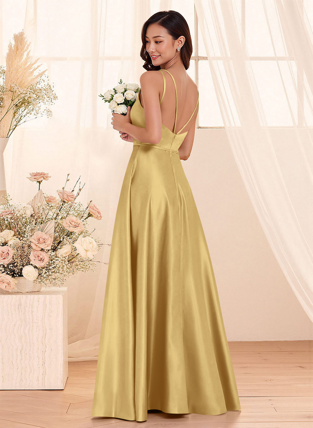 Classic Scoop Neck A-Line Floor-Length Satin Bridesmaid Dresses, product image 47