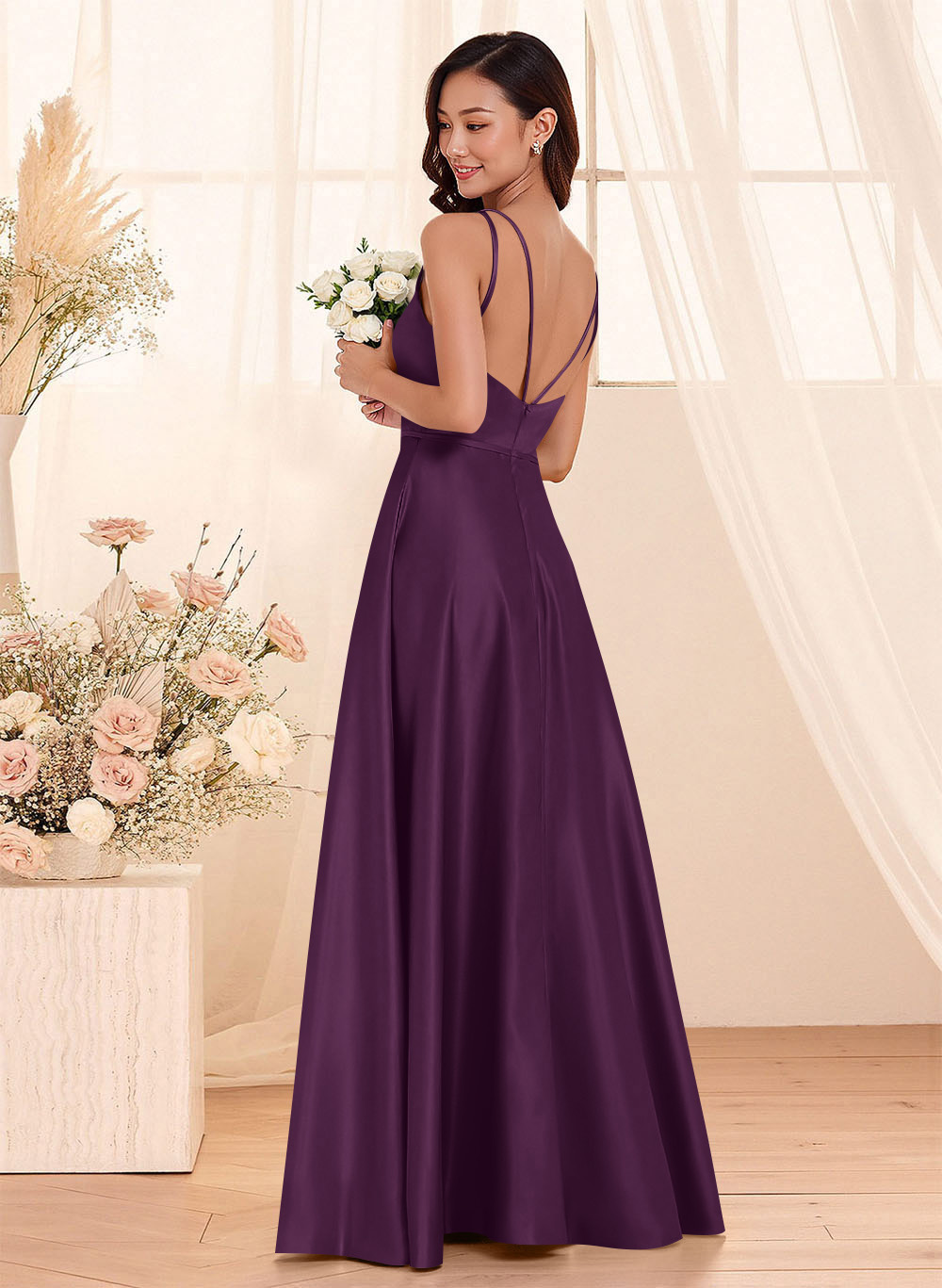 Classic Scoop Neck A-Line Floor-Length Satin Bridesmaid Dresses, product image 77