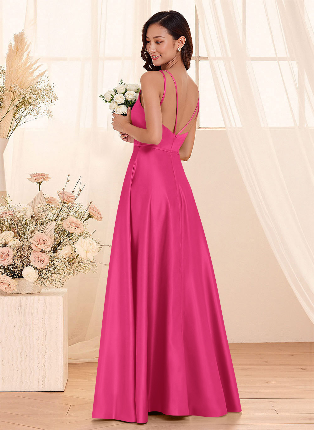 Classic Scoop Neck A-Line Floor-Length Satin Bridesmaid Dresses, product image 29