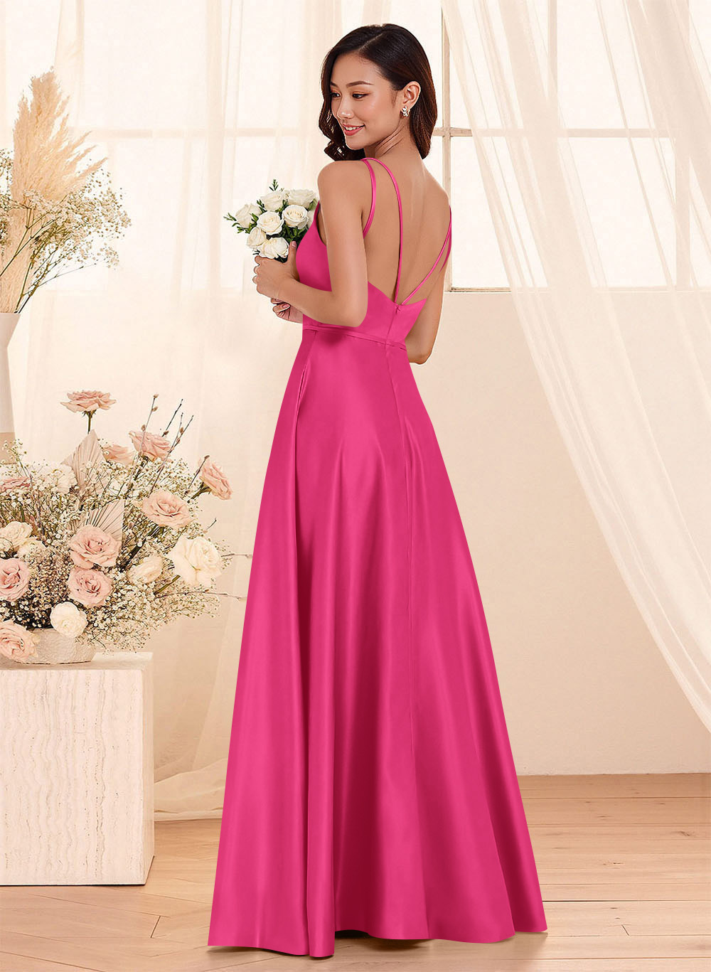 Classic Scoop Neck A-Line Floor-Length Satin Bridesmaid Dresses, product image 29
