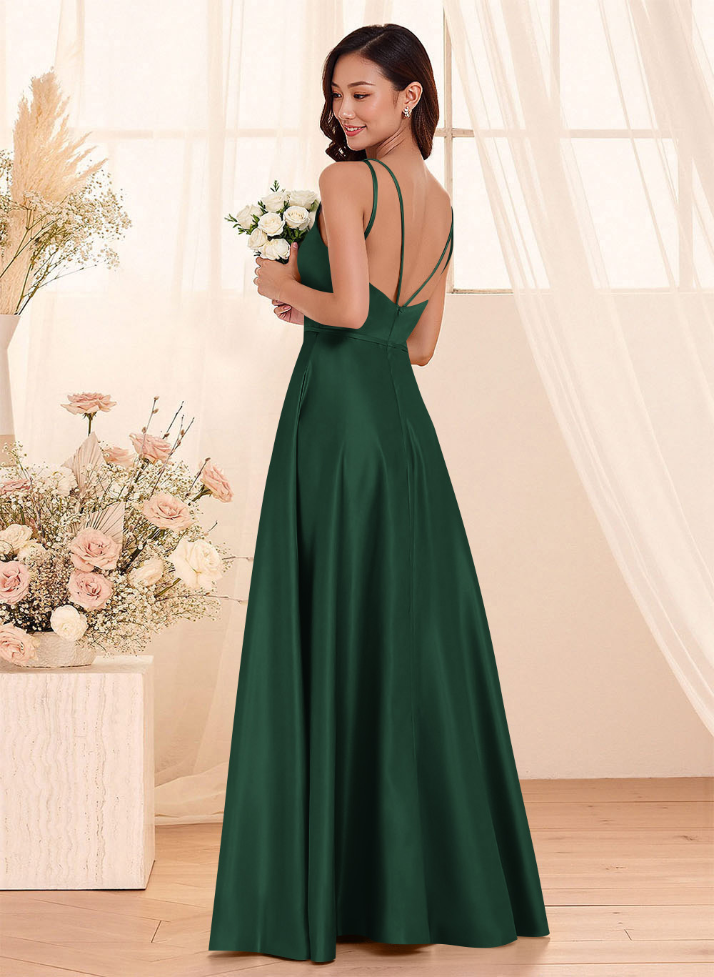 Classic Scoop Neck A-Line Floor-Length Satin Bridesmaid Dresses, product image 67