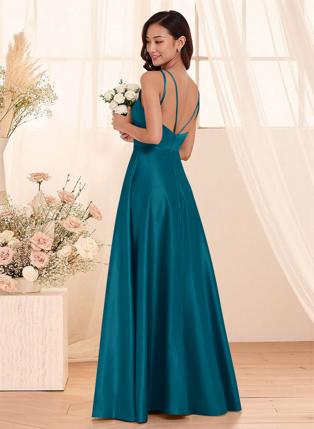 Classic Scoop Neck A-Line Floor-Length Satin Bridesmaid Dresses, product image 131