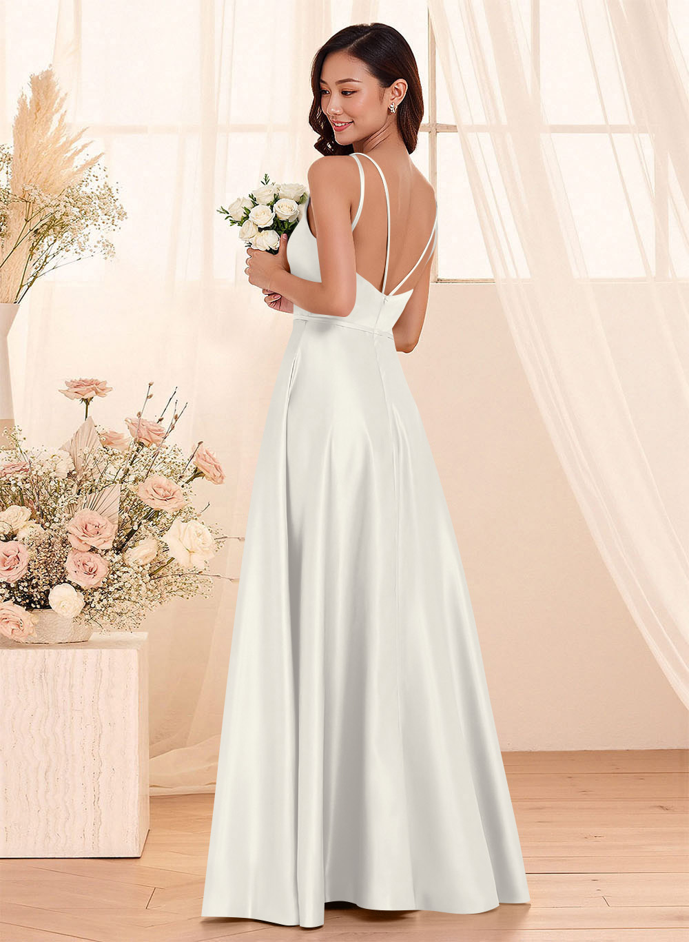 Classic Scoop Neck A-Line Floor-Length Satin Bridesmaid Dresses, product image 39