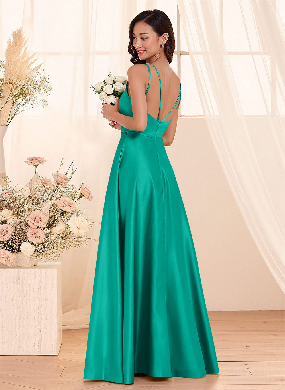 Classic Scoop Neck A-Line Floor-Length Satin Bridesmaid Dresses, product image 63