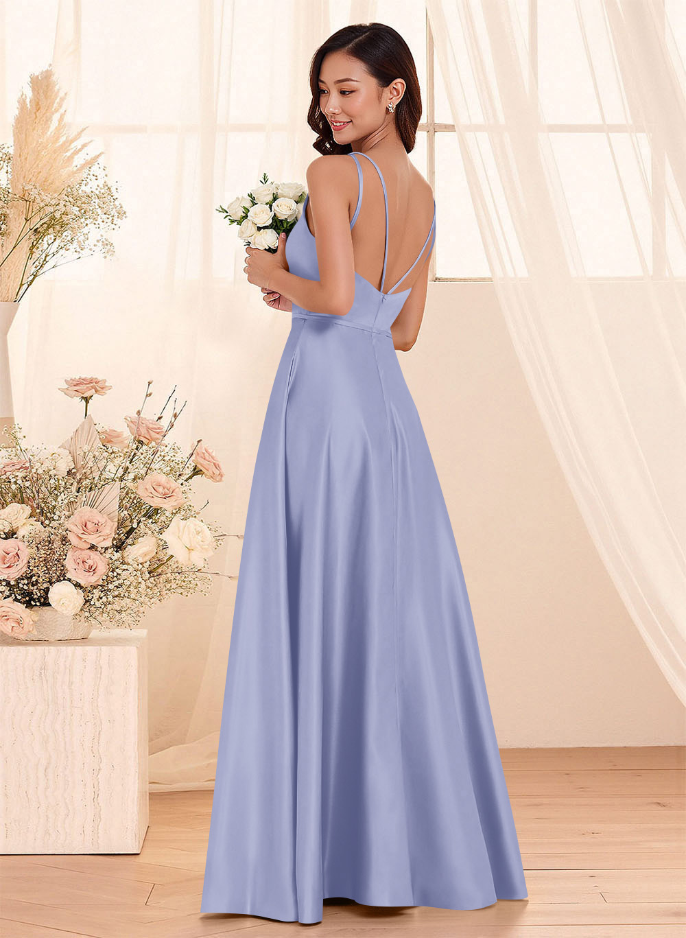 Classic Scoop Neck A-Line Floor-Length Satin Bridesmaid Dresses, product image 81