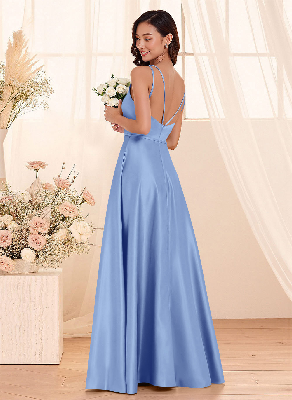 Classic Scoop Neck A-Line Floor-Length Satin Bridesmaid Dresses, product image 123