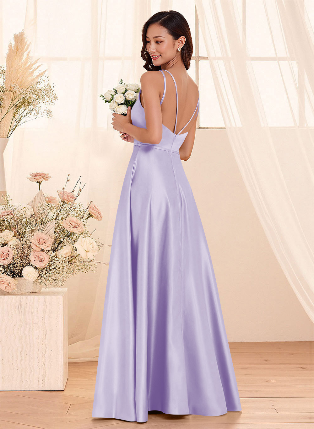 Classic Scoop Neck A-Line Floor-Length Satin Bridesmaid Dresses, product image 83