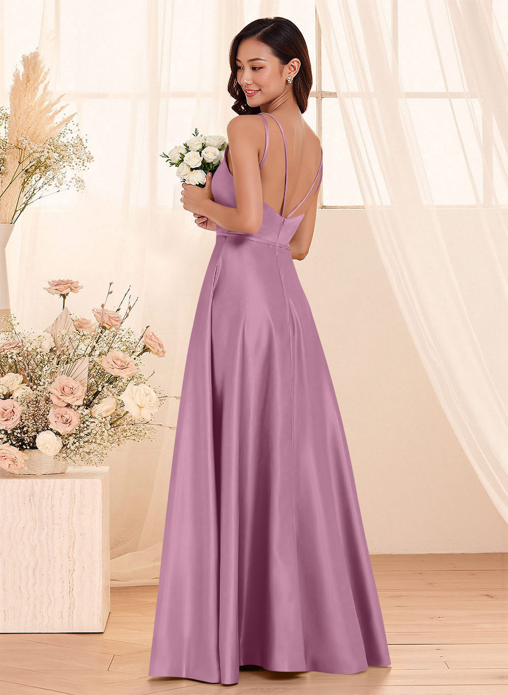 Classic Scoop Neck A-Line Floor-Length Satin Bridesmaid Dresses, product image 85