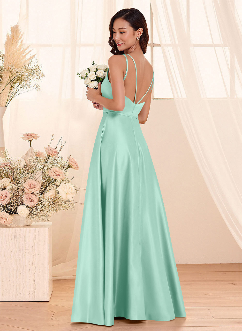 Classic Scoop Neck A-Line Floor-Length Satin Bridesmaid Dresses, product image 57
