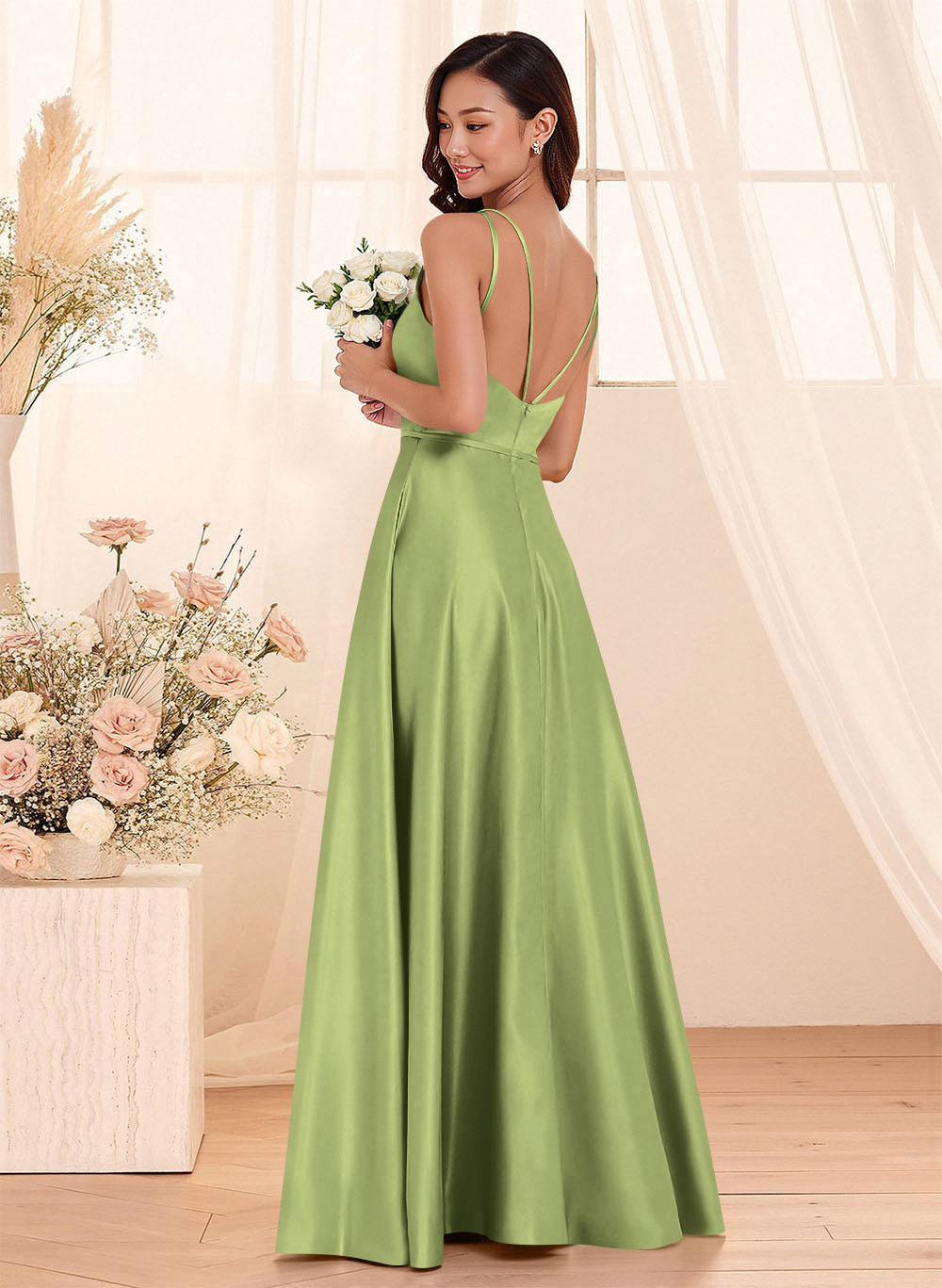 Classic Scoop Neck A-Line Floor-Length Satin Bridesmaid Dresses, product image 13