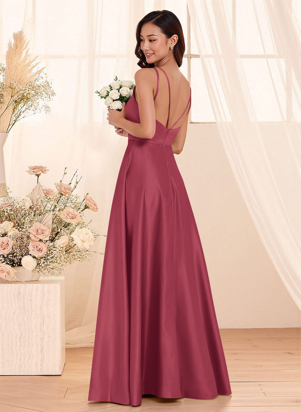 Classic Scoop Neck A-Line Floor-Length Satin Bridesmaid Dresses, product image 113