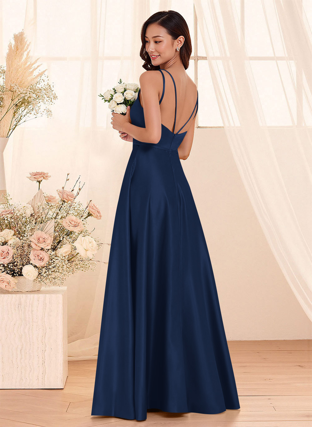 Classic Scoop Neck A-Line Floor-Length Satin Bridesmaid Dresses, product image 139