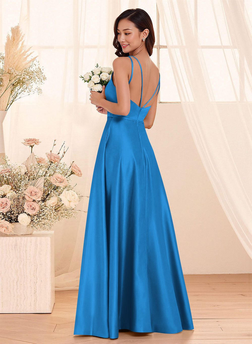 Classic Scoop Neck A-Line Floor-Length Satin Bridesmaid Dresses, product image 127