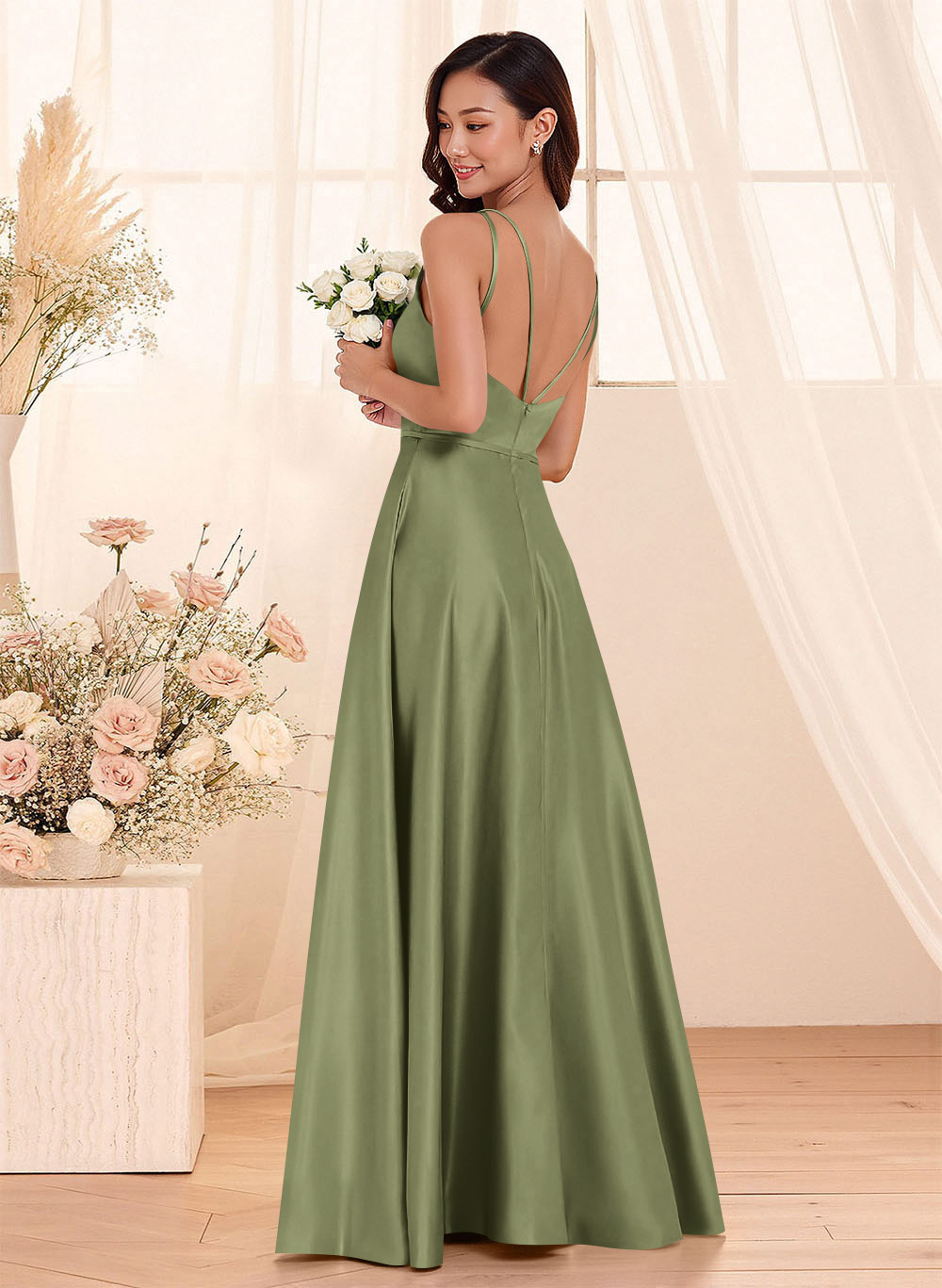 Classic Scoop Neck A-Line Floor-Length Satin Bridesmaid Dresses, product image 25