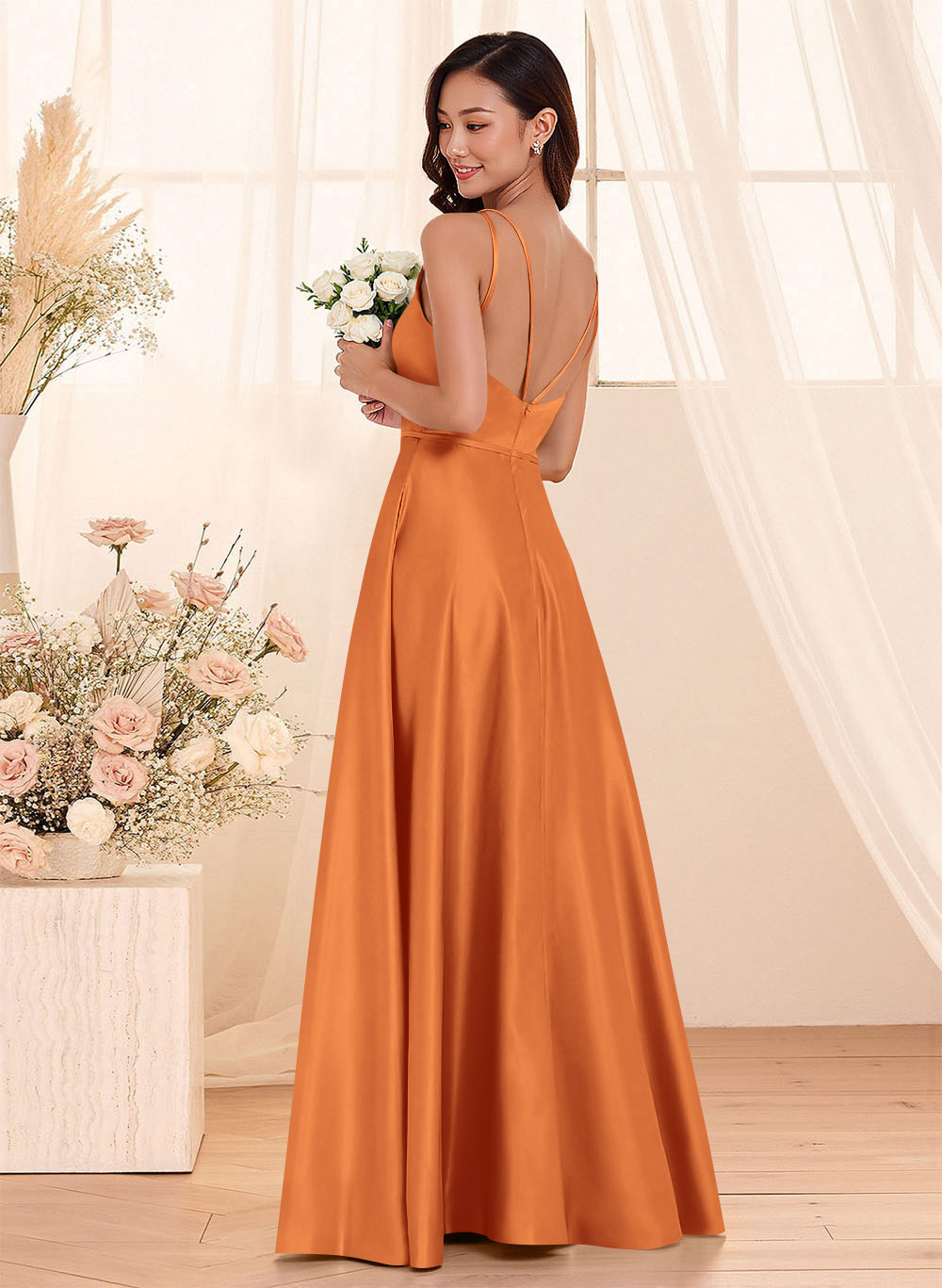 Classic Scoop Neck A-Line Floor-Length Satin Bridesmaid Dresses, product image 45
