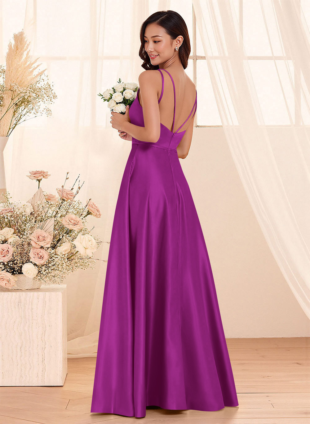 Classic Scoop Neck A-Line Floor-Length Satin Bridesmaid Dresses, product image 75