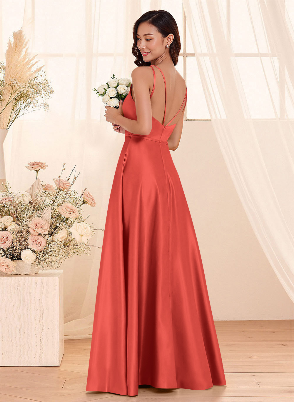 Classic Scoop Neck A-Line Floor-Length Satin Bridesmaid Dresses, product image 43