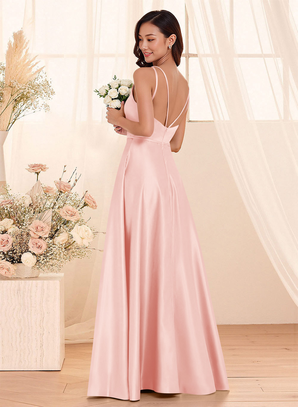 Classic Scoop Neck A-Line Floor-Length Satin Bridesmaid Dresses, product image 103