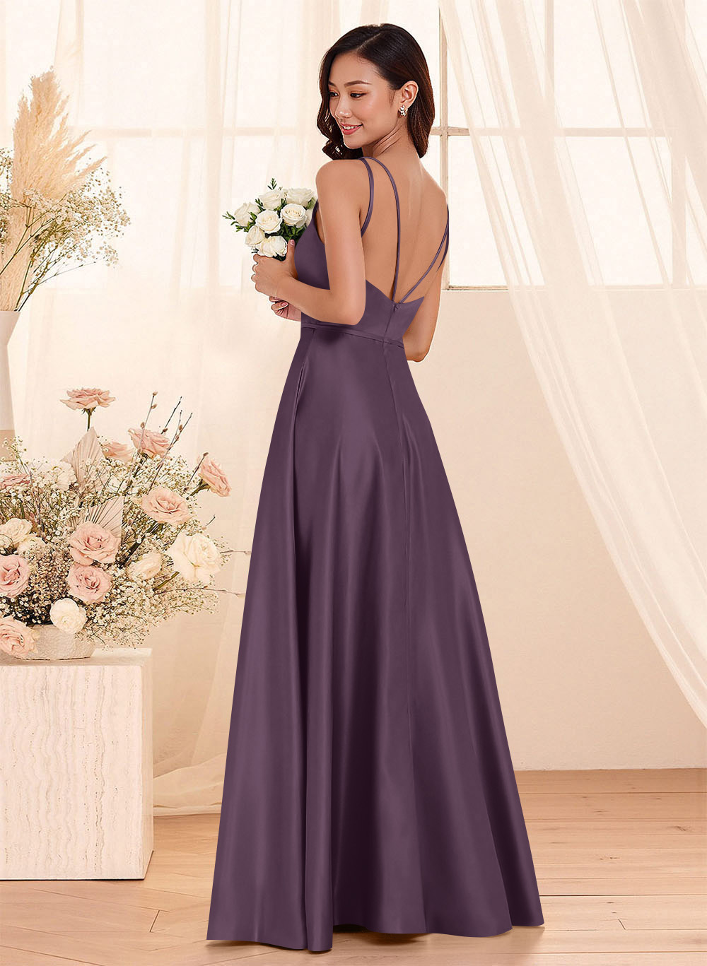 Classic Scoop Neck A-Line Floor-Length Satin Bridesmaid Dresses, product image 27