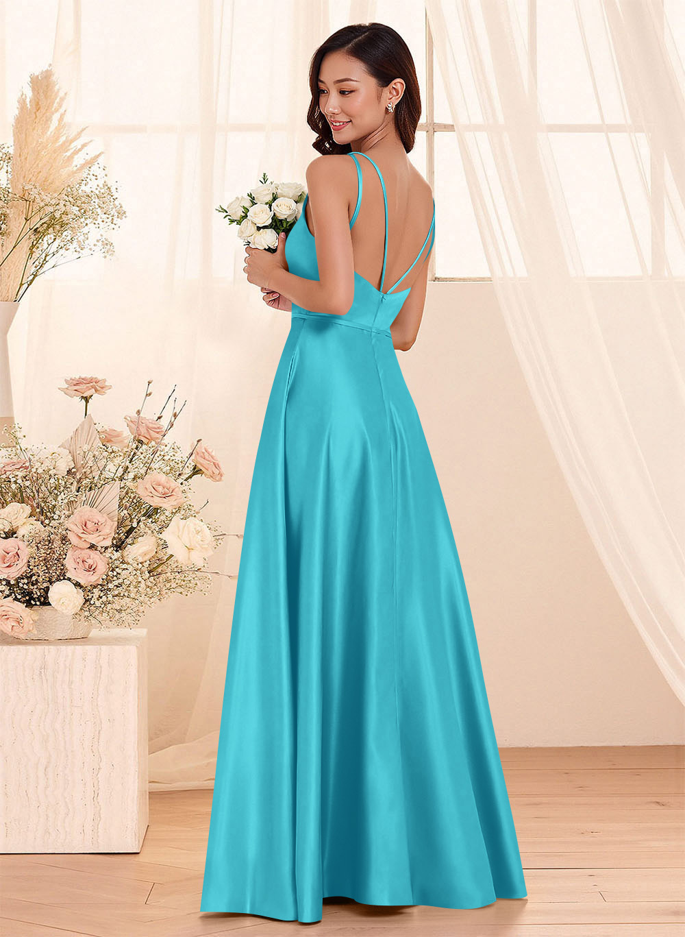 Classic Scoop Neck A-Line Floor-Length Satin Bridesmaid Dresses, product image 125