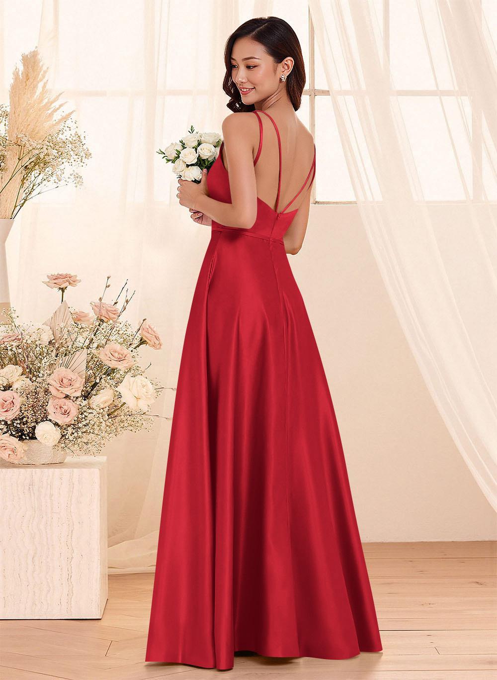 Classic Scoop Neck A-Line Floor-Length Satin Bridesmaid Dresses, product image 111