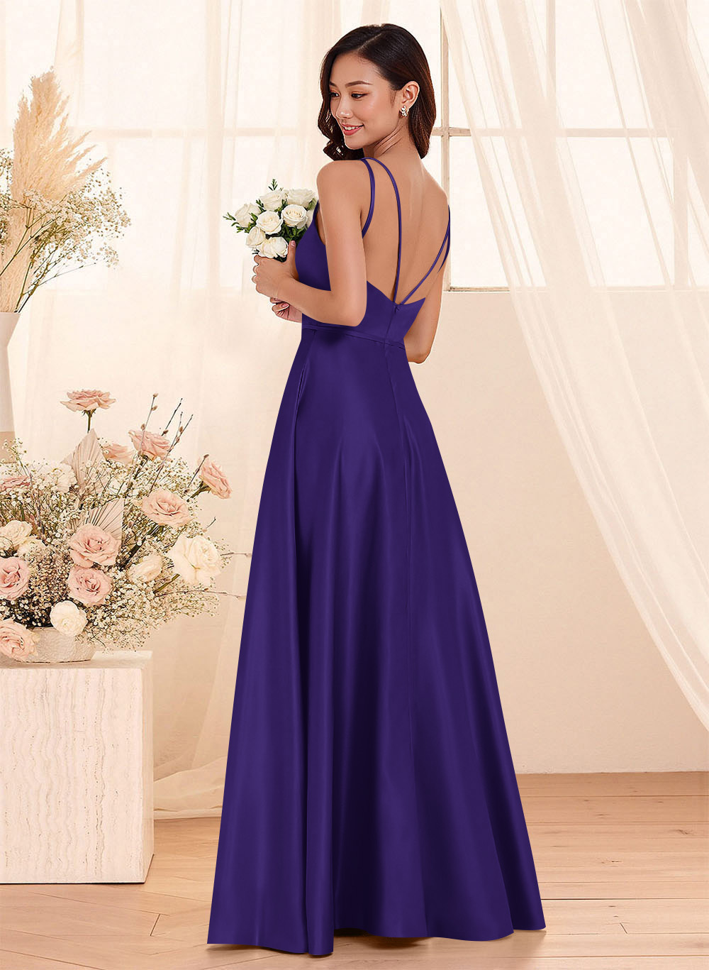 Classic Scoop Neck A-Line Floor-Length Satin Bridesmaid Dresses, product image 71