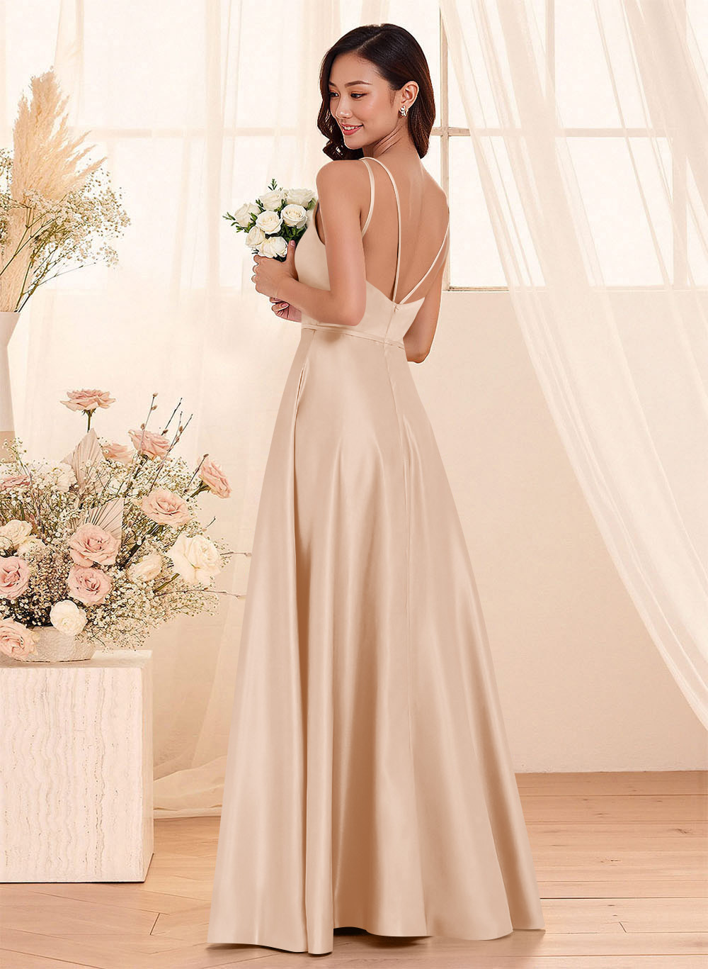 Classic Scoop Neck A-Line Floor-Length Satin Bridesmaid Dresses, product image 19