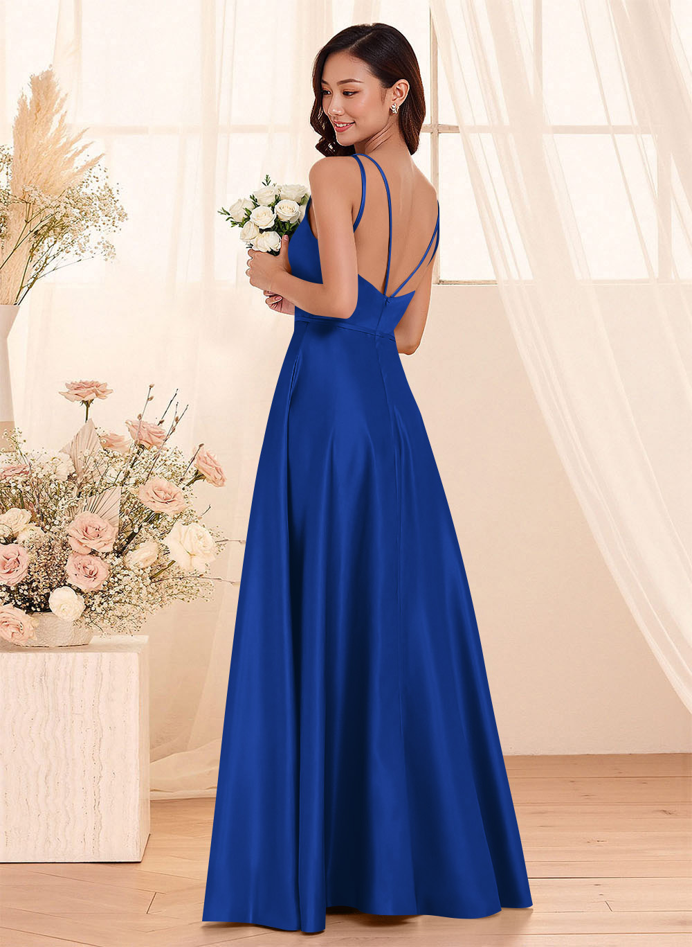 Classic Scoop Neck A-Line Floor-Length Satin Bridesmaid Dresses, product image 129