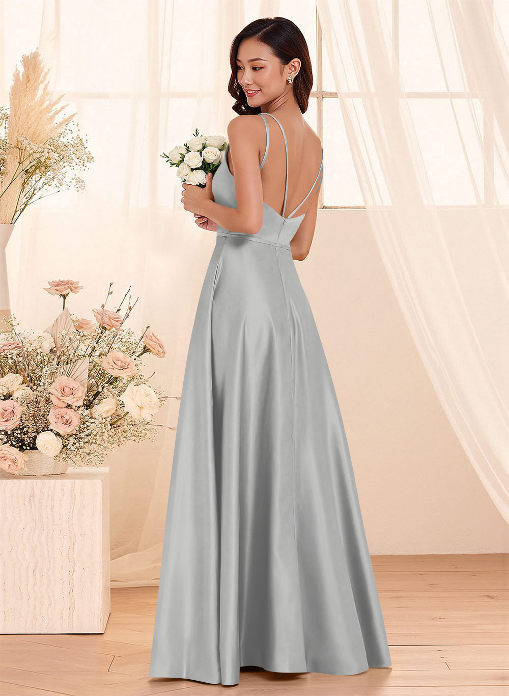 Classic Scoop Neck A-Line Floor-Length Satin Bridesmaid Dresses, product image 35