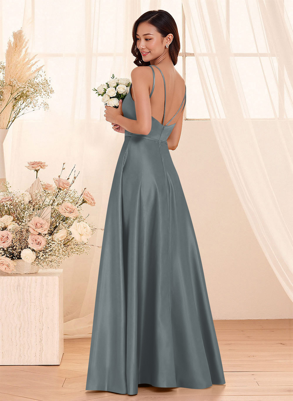 Classic Scoop Neck A-Line Floor-Length Satin Bridesmaid Dresses, product image 33