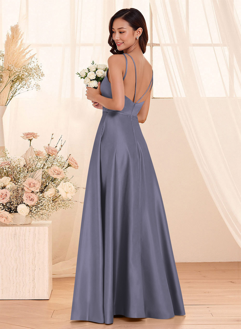 Classic Scoop Neck A-Line Floor-Length Satin Bridesmaid Dresses, product image 133