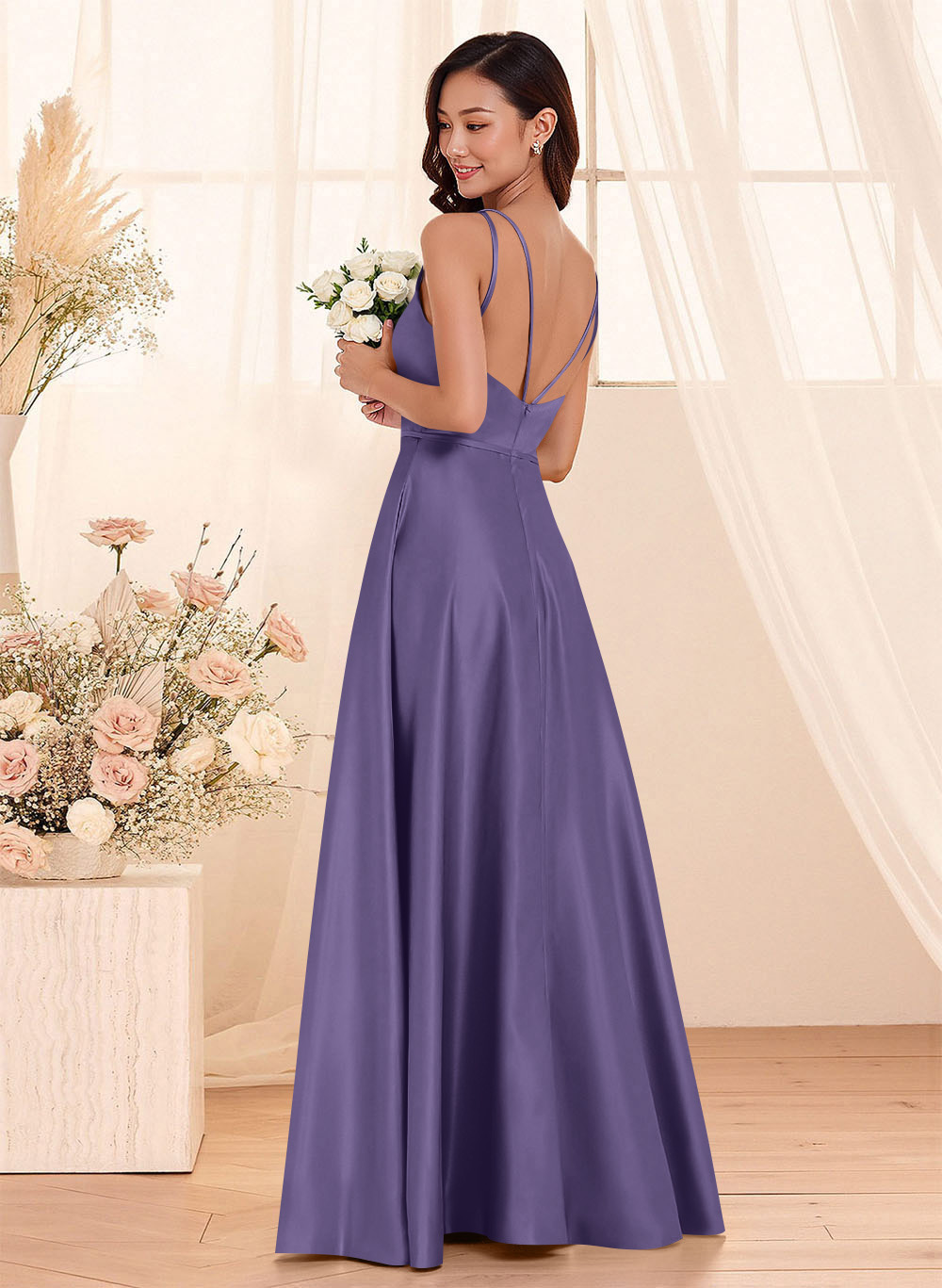 Classic Scoop Neck A-Line Floor-Length Satin Bridesmaid Dresses, product image 79