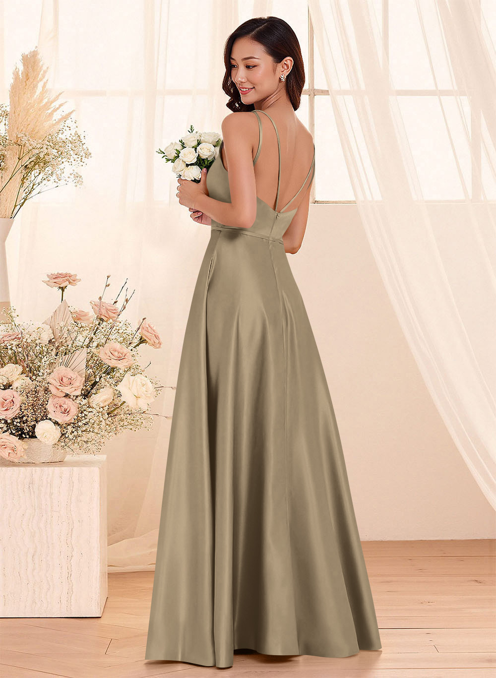 Classic Scoop Neck A-Line Floor-Length Satin Bridesmaid Dresses, product image 51